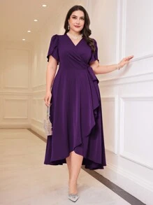 Modelyn Plus Size Elegant Solid Color Petal Sleeve Wrap Dress Long Evening Dresses - Purple - View 1
