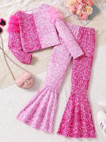 2 件 Tween 女童拼布印花圆领长袖上衣和喇叭裤套装