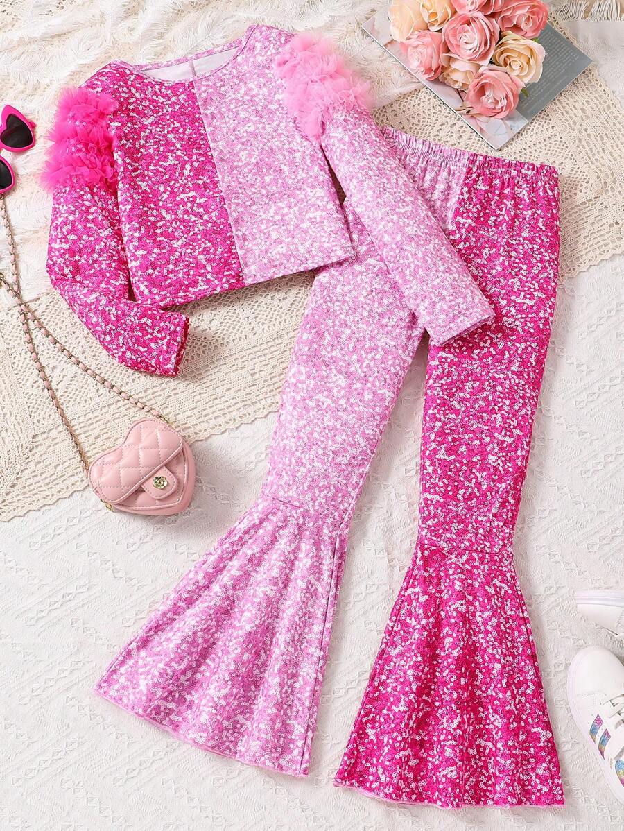 2 件 Tween 女童拼布印花圆领长袖上衣和喇叭裤套装