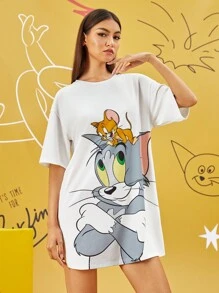 TOM & JERRY X SHEIN 女士卡通印花超大宽松睡袍，可爱白色睡裙 - 白色 - 查看 7