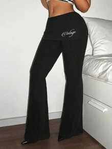 SHEIN ICON Y2k 低腰字母刺绣修身休闲黑色运动裤，日常穿着 - 深灰色 - 查看 4