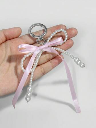 Kawaii 1 pieza Estilo coreano Lazo con perla falsa y cinta rosa, colgante sencillo y dulce, llavero, anilla de llavero, charm de bolso, San Valentín