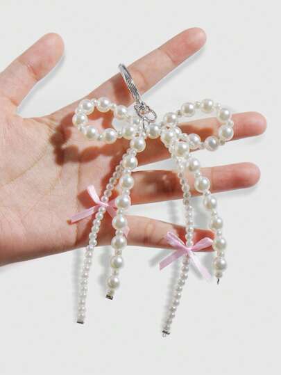 ROMWE Kawaii 1入韓國簡約甜美時尚假珍珠吊墜鑰匙圈，配有2個粉色緞帶蝴蝶結，適用於袋子和鑰匙裝飾