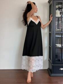 DAZY Women's Satin & Lace Cami Nightgown With Adjustable Spaghetti Straps And Backless Design Pajama - Black - View 1