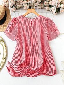 SHEIN LUNE Blusa holgada de mujer talla grande de manga corta con volantes, cuello redondo y diseño a cuadros para ropa de Año Nuevo