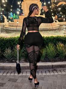 BamGleam 2 piezas Conjunto de top de manga larga y pantalones ajustados de transparencia y calado sexy