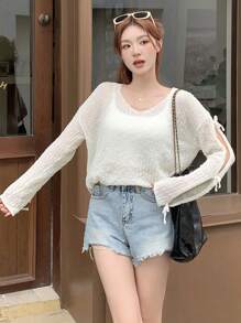 DAZY Áo len dài tay cổ chữ V dáng rộng màu trơn có nơ cho nữ, quần áo thu - trắng - Xem 7