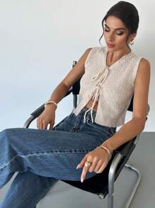 SHEIN Privé Women's Basic Casual Fashionable Elegant Front Tie Textured Knitted Sweater Vest - Apricot - View 4