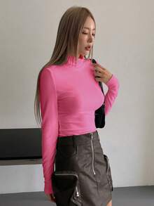 DAZY 高领长袖纯色T恤，春秋季休闲 - 玫紅色 - 查看 2