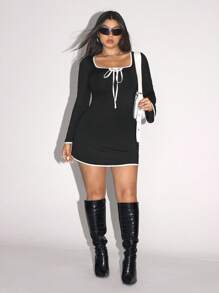 SHEIN ICON Plus Size Long Sleeve Fitted Color Block Flare Dress