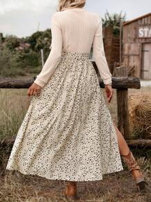 SHEIN VCAY Robe élégante à col rond, manches longues, taille nouée, imprimé floral fendu