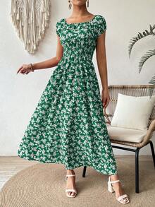 SHEIN VCAY 女士方领 A 字型浪漫度假花卉印花连衣裙，夏季 - 綠色 - 查看 6