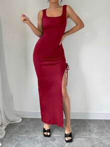 Chiquease 女式夏季休闲侧抽绳高开叉紧身针织连衣裙新年服装长款女装 - 紅色 - 查看 5