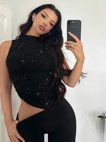 SHEIN SXY Sexy & elegantes dehnbares Strick Top für Damen mit asymmetrischem Saum und Glitzer