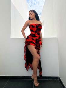 SHEIN SXY 夏季蝴蝶印花飘逸荷叶边开衩紧身连衣裙度假装女装 - 紅色 - 查看 3