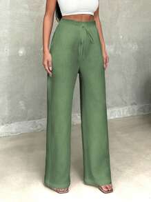 SHEIN Women's Casual Pants With Solid Color Drawstring Waist And Loose Fit With Slant Pockets