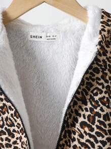 Young Girl Leopard Print Thermal Lined Hooded Letter Applique Casual Jacket