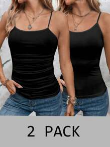 SHEIN LUNE 2pcs/Set Casual Solid Black Versatile Women Tank Tops, Summer - Black - View 1
