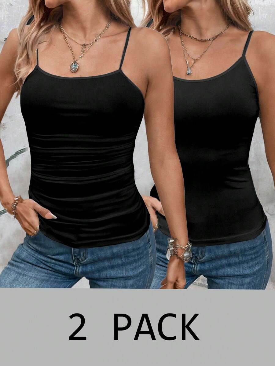 SHEIN LUNE 2pcs/Set Casual Solid Black Versatile Women Tank Tops, Summer - Black - View 1