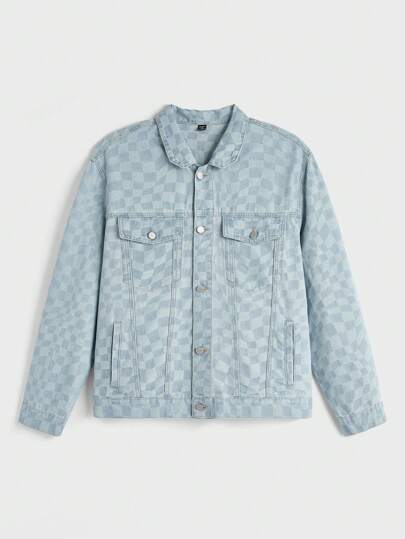 Chillumni Plus Size Men's Light Blue Washed Denim Asymmetrical Plaid Loose Jacket
