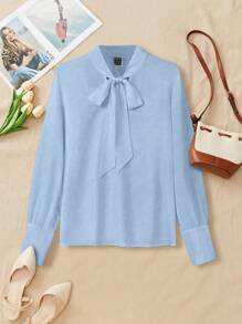 EMERY ROSE 女士春夏纯色系带长袖优雅衬衫 - 淺藍色 - 查看 3