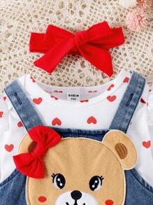 SHEIN Playful Pals Baby Girl Lovely Denim Bear Dress Set - Red - View 6