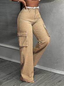 SHEIN Slayr Blugi de damă, de culoare uni, simpli, de zi cu zi, cu talie mijlocie, cu picioare drepte