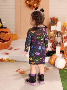 SHEIN Babymeisjes schattige gebreide stretch cartoon graffiti patroon jurk met lange mouwen, Halloween