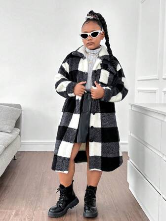 SHEIN Tween Girls Extended Size Casual omkeerbaar geruit lang fleecejack