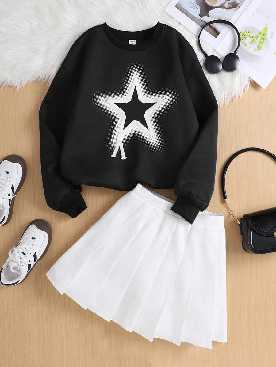 2 piezas/Set Sudadera negra con gráfico de estrella y falda plisada blanca para niña adolescente, conjunto informal - Blanco y Negro - Ver 1