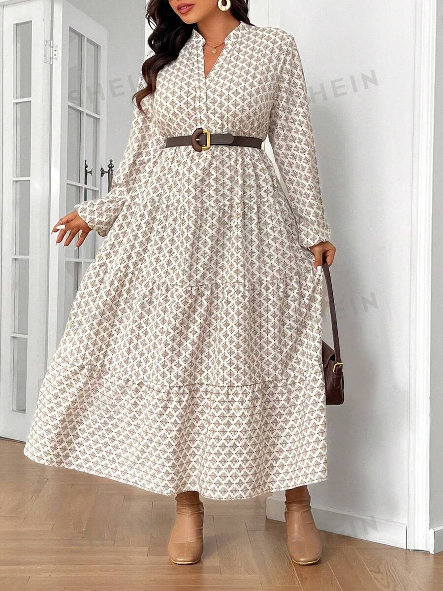 SHEIN Frenchy Rochie cu tiv cu volan în mai multe straturi cu guler mare, de toamnă, rochie cu volane, bani vechi, rochie formală - Multicolor - Vizualizare 1