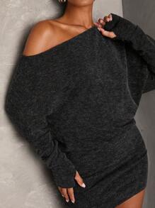 SHEIN BAE 女士春秋灰色仿羊绒露肩不对称领长袖修身时尚连衣裙、寒冷天气服装、冬季女装、优雅连衣裙、节日连衣裙、圣诞派对连衣裙、新年前夜连衣裙