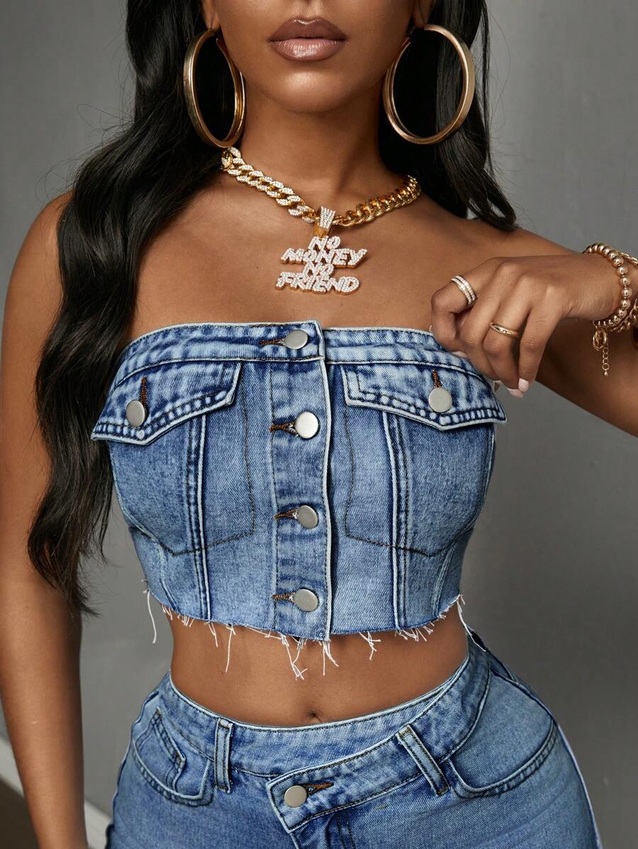 Slaydiva Summer Casual Front Button Cropped Camisole Denim Top - Medium Wash - View 1