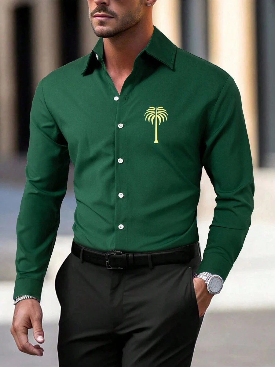 Manfinity Homme Men's Palm Tree Printed Long Sleeve Casual Dress Shirt, Spring Autumn,Fall Clothes - Green - View 1