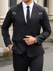 Manfinity Mode 男士纯色简约日常长袖西装外套 - 黑色 - 查看 1