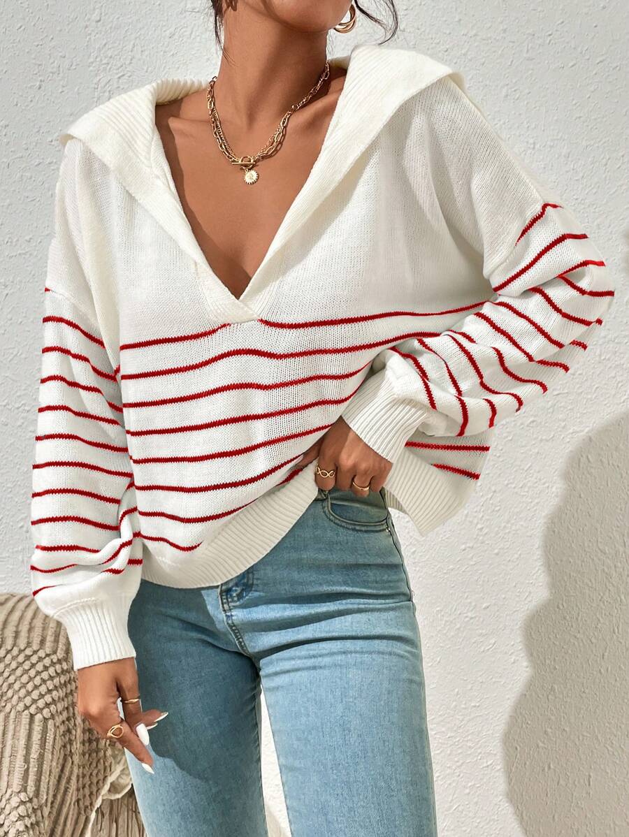 SHEIN Essnce V-Neck Long Sleeve Striped Minimalist Casual Blouse,Long Sleeve Tops In Fall/Winter - Red and White - View 1
