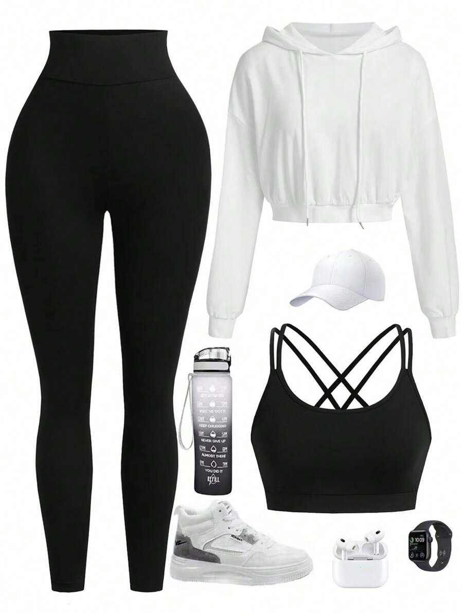 Easithlete Women's Sport Suit With Hooded Long Sleeve Top, Criss-Cross Strap Tank, & Slim Fit High Waisted Pants Outfit Tracksuits Women Set Workout Women Set Women Leggings Set - Multicolor - View 1