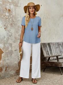 Country Resort Style Button-Down Linen Khaki Short Sleeve Blouse For Women - Dusty Blue - View 5