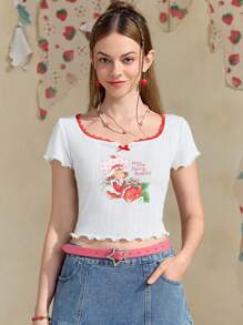 Strawberry Shortcake X SHEIN Women's Summer Cute Lettuce Edge Contrast Color Lace Cartoon Character Strawberry Print T-Shirt Bow Fitted Cropped T-Shirt Top Square Collar Embroidered Mesh White Graphic T-Shirt
