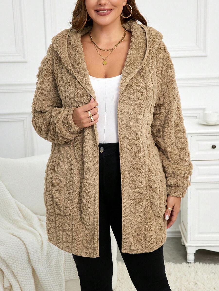 SHEIN LUNE Plus Size Autumn And Winter Thickened Double Warm Jacket Women's Fall Women Geometric Pattern Reversible Hooded Jacket With Pockets - Khaki - View 1