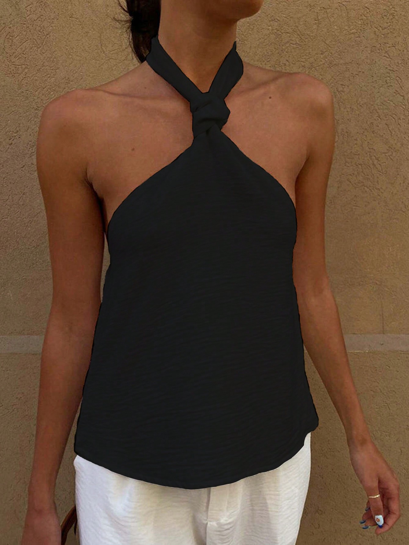 Off-shoulder halter tank