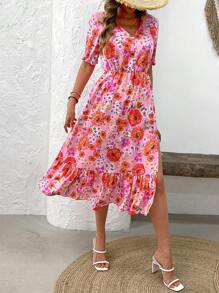 SHEIN LUNE Của phụ nữ Hoa Cổ chữ V Nút phía trước Ngắn Ống tay áo Đầm Với Bên Khe , Hoàn hảo Đối với Kỳ nghỉ - Nhiều màu - Xem 5