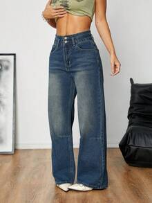 Jeans rectos de pierna clásicos de estilo estadounidense de color azul oscuro retro para mujer, pantalones anchos casuales sueltos, conjunto de moda para primavera/verano - Azul lavado oscuro - Ver 3