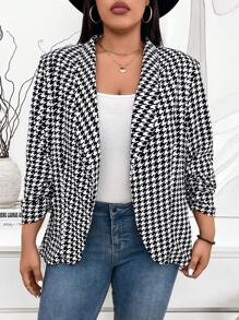 SHEIN LUNE Große Größen Herbstbekleidung Damen Frühling Herbst Hahnentrittmuster gerüschter 3/4 Ärmel eleganter Blazer Herbst Oberteile & Herbst Damenbekleidung Winterbekleidung Business Lässig Arbeits Blazer Business Blazer