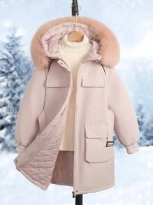 Tween Girls' Pink Fluffy Collar Pockets Waist Drawstring Padded Coat - Pink - View 3