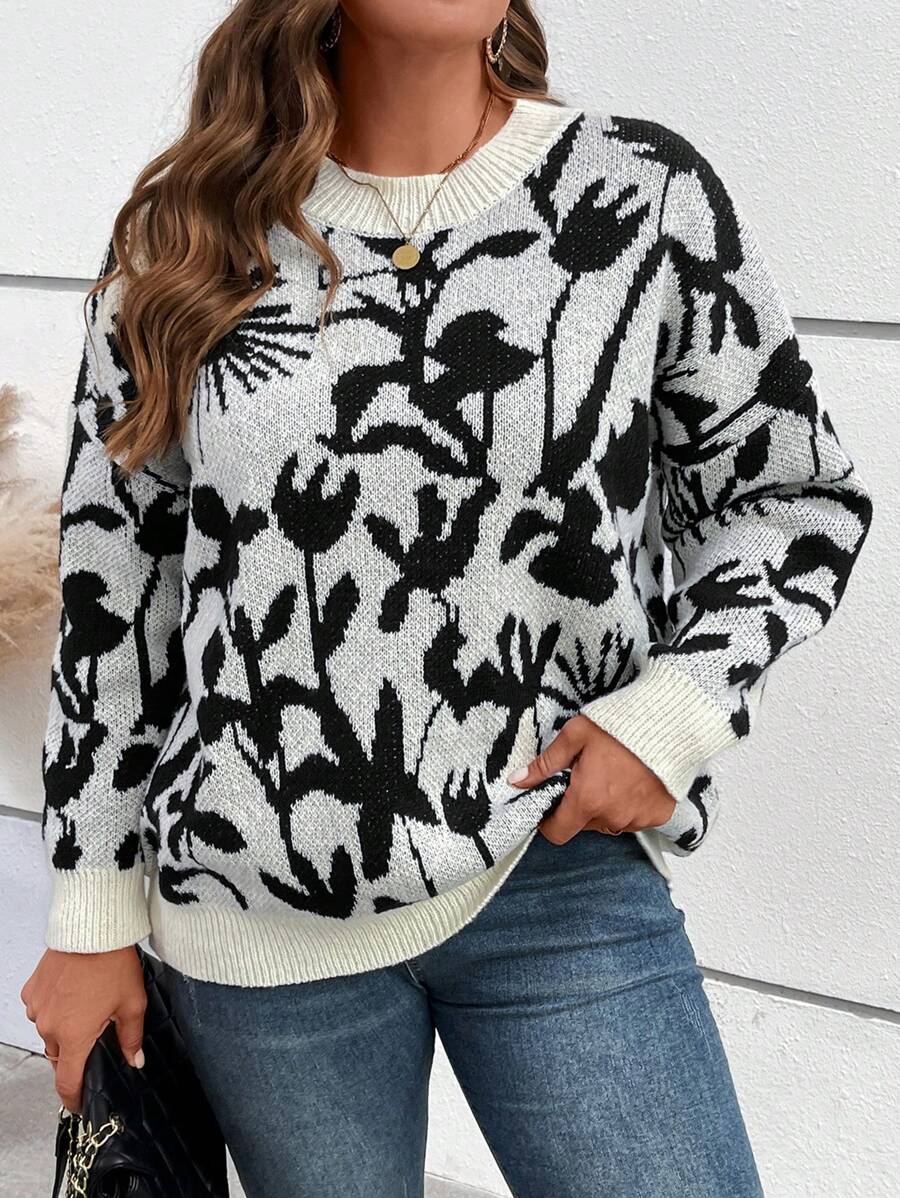 EMERY ROSE Áo len chui đầu ấm áp thường ngày cỡ lớn cho mùa đông có thiết kế họa tiết và cổ tròn, thích hợp cho các buổi đi chơi, mua sắm, tụ tập, ăn trưa, hẹn hò và ngày lễ. - Đen và trắng - Xem 1