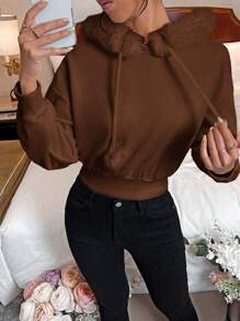 SHEIN Qutie Women's Solid Color Dropped Shoulder Long Sleeve Patchwork Fluffy Hooded Short Sweatshirt In Autumn And Winter,Long Sleeve Tops - Mocha Brown - View 3