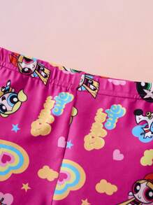 THE POWERPUFF GIRLS X SHEIN Baby Girl Casual Cartoon Print Pink Long Sleeve T-Shirt And Comfortable Leggings Set - Hot Pink - View 3