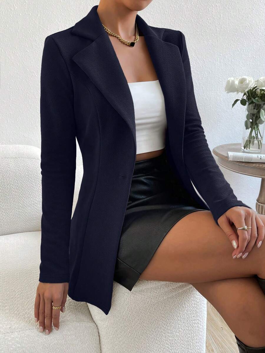 Firerie Solid Color Button Elegant Fashion Long Sleeve Suit Jacketwinter,Business Casual, Elegant,Burgundy PU - Navy Blue - View 1