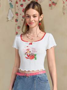 Strawberry Shortcake X SHEIN Women's Summer Cute Lettuce Edge Contrast Color Lace Cartoon Character Strawberry Print T-Shirt Bow Fitted Cropped T-Shirt Top Square Collar Embroidered Mesh White Graphic T-Shirt